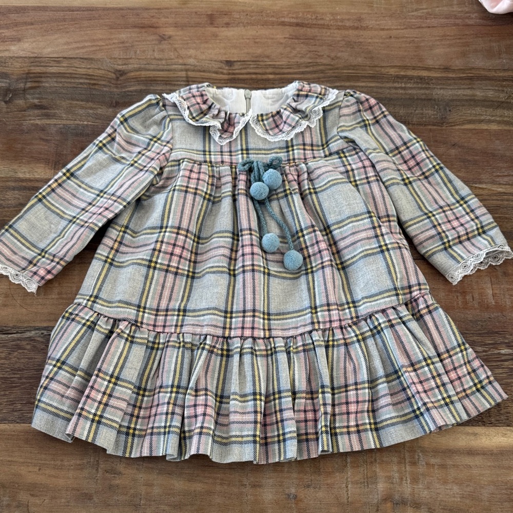 Que Multicolor Plaid Kids Dress with Lace and Pom Poms